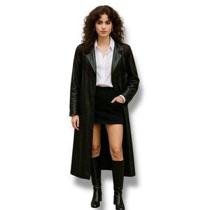 Vintage Jacqueline Ferrar Womens M Black Leather Trench Coat 80s 90s Full Length